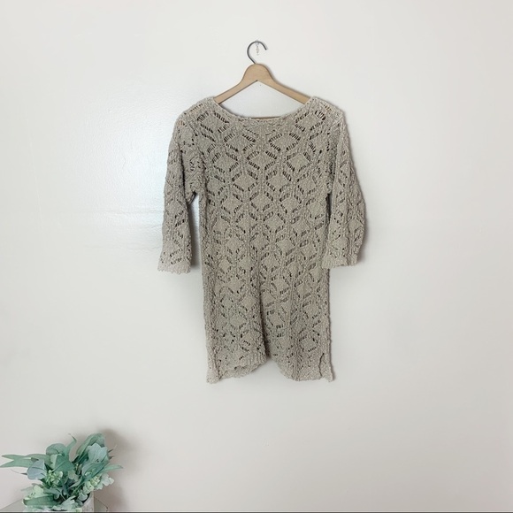 [J. Jill] Tan Open Knit 3/4 Sleeve Tunic Length Boho Sweater - Picture 9 of 10